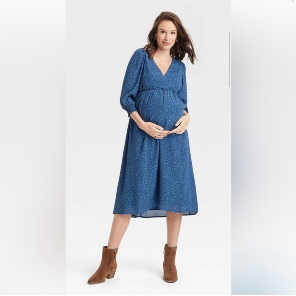 The Nines by HATCH Blue Printed Long Sleeve Maternity Dress